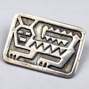 Vintage 950 Silver Pre-Columbian Geometric Animal Brooch Pin Modernist